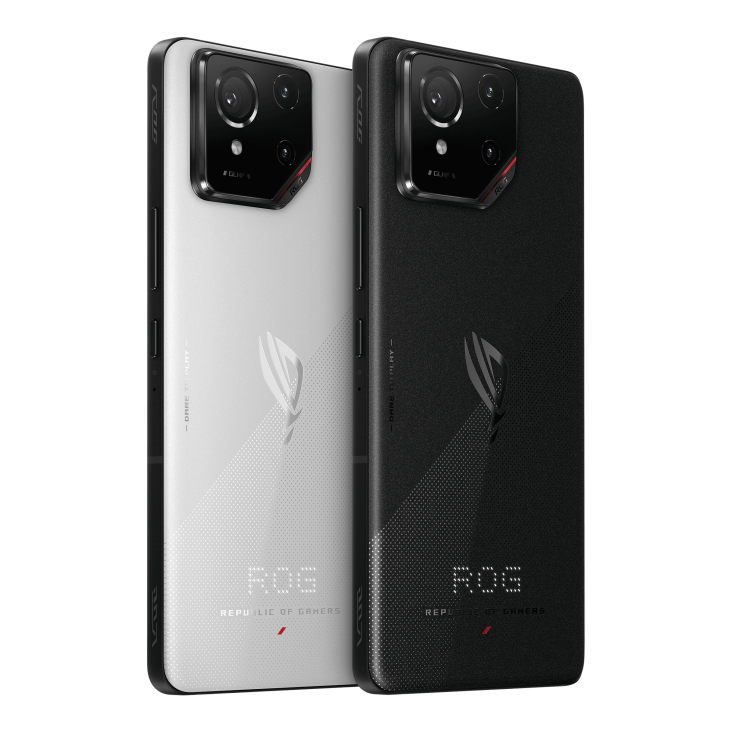 Two ROG Phone 9 Phantom Black and Storm White angled view from back, tilting at 45 degrees.