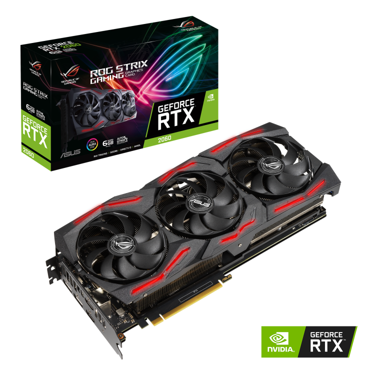 ROG-STRIX-RTX2060-6G-EVO-V2-GAMING graphics card and packaging with NVIDIA logo