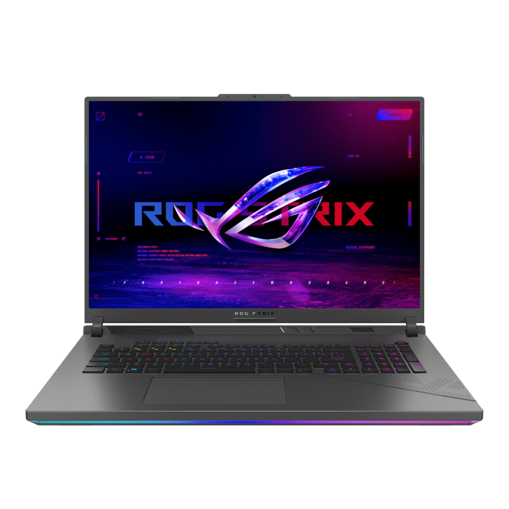 Shot of the Strix G18 with the with the lid open, with the ROG Fearless Eye logo on screen