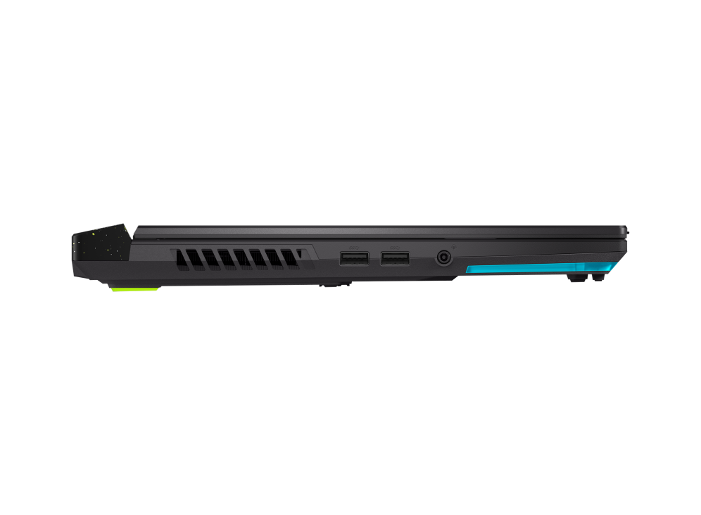 Profile view of the left side of the Strix G15, with emphasis on the headsphone jack and dual USB Type-A ports