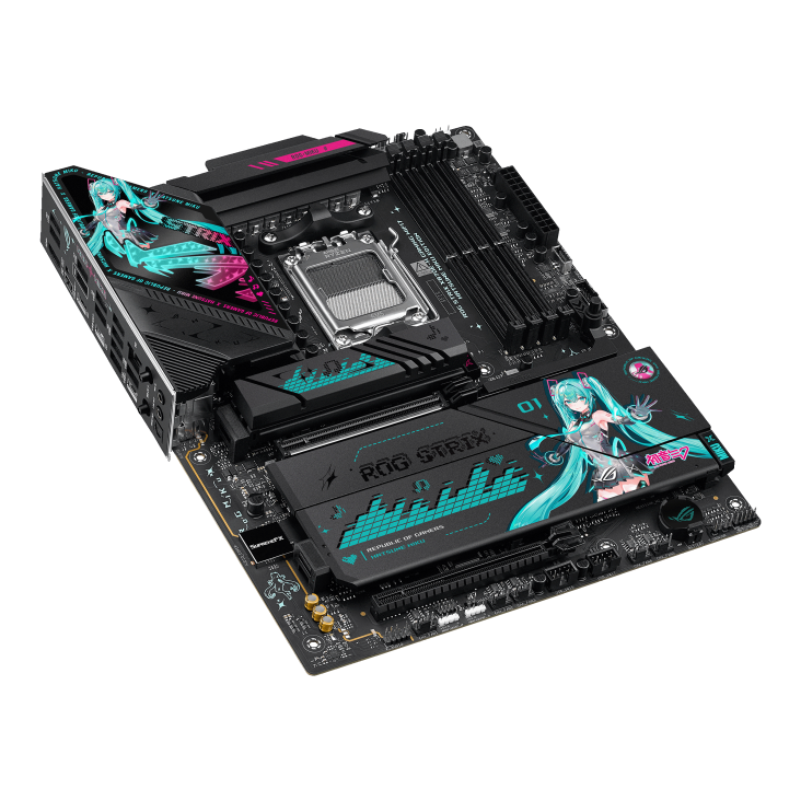 ROG STRIX X870E-H GAMING WIFI7 HATSUNE MIKU EDITION top view, angled 45 degrees to the left