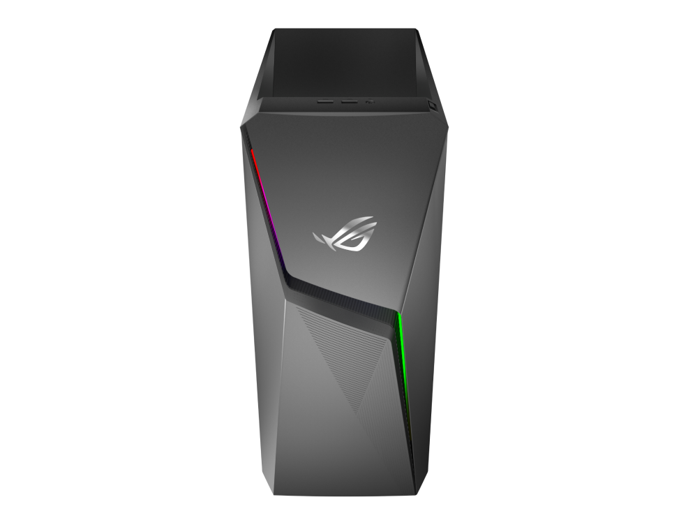 Top down view of G10DK, with ROG logo and RGB lighting on the front.