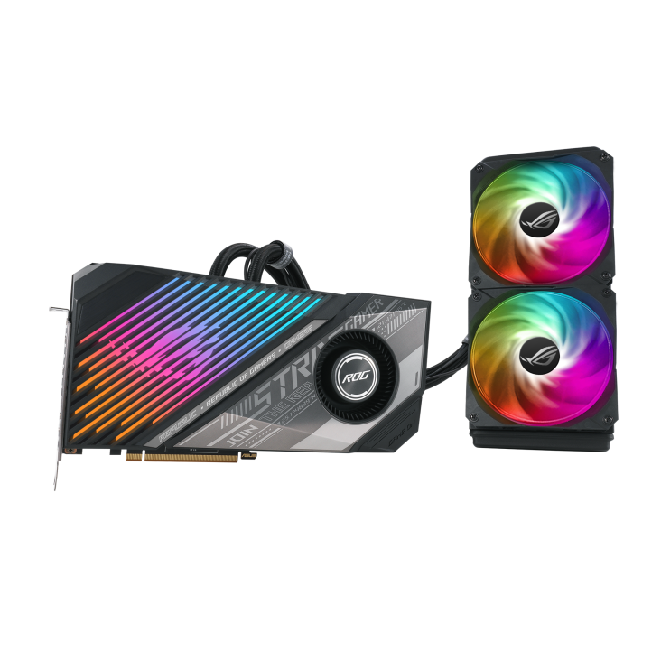 ROG-STRIX-LC-RX6900XT-T16G-GAMING graphics card and radiator, front angled view with ARGB fans