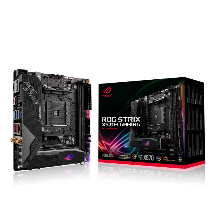 ROG Strix X570-I Gaming angled view from left with the box