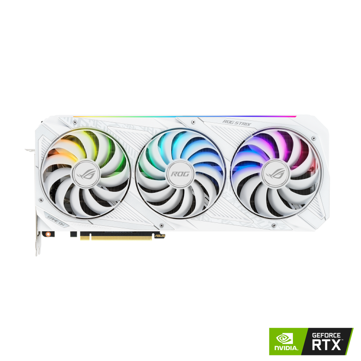 ROG-STRIX-RTX3070-8G-WHITE graphics card, front view with NVIDIA logo