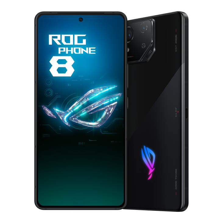 ROG Phone 8 in Phantom Black angled view from front and the other ROG Phone 8 in Phantom Black angled view from back, tilting at 45 degrees