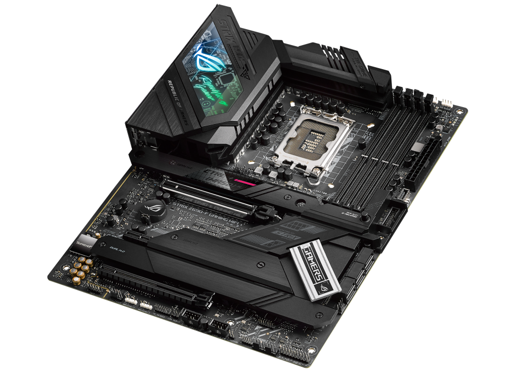 ROG STRIX Z690-F GAMING WIFI top and angled view from right