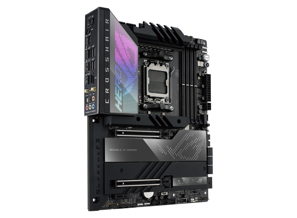 ROG CROSSHAIR X670E HERO angled view from left