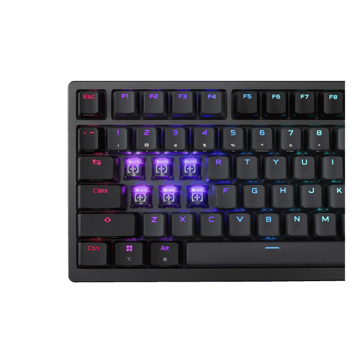 Black ROG Azoth 96 HE with keycaps removed and focus on the ROG HFX V2 switches