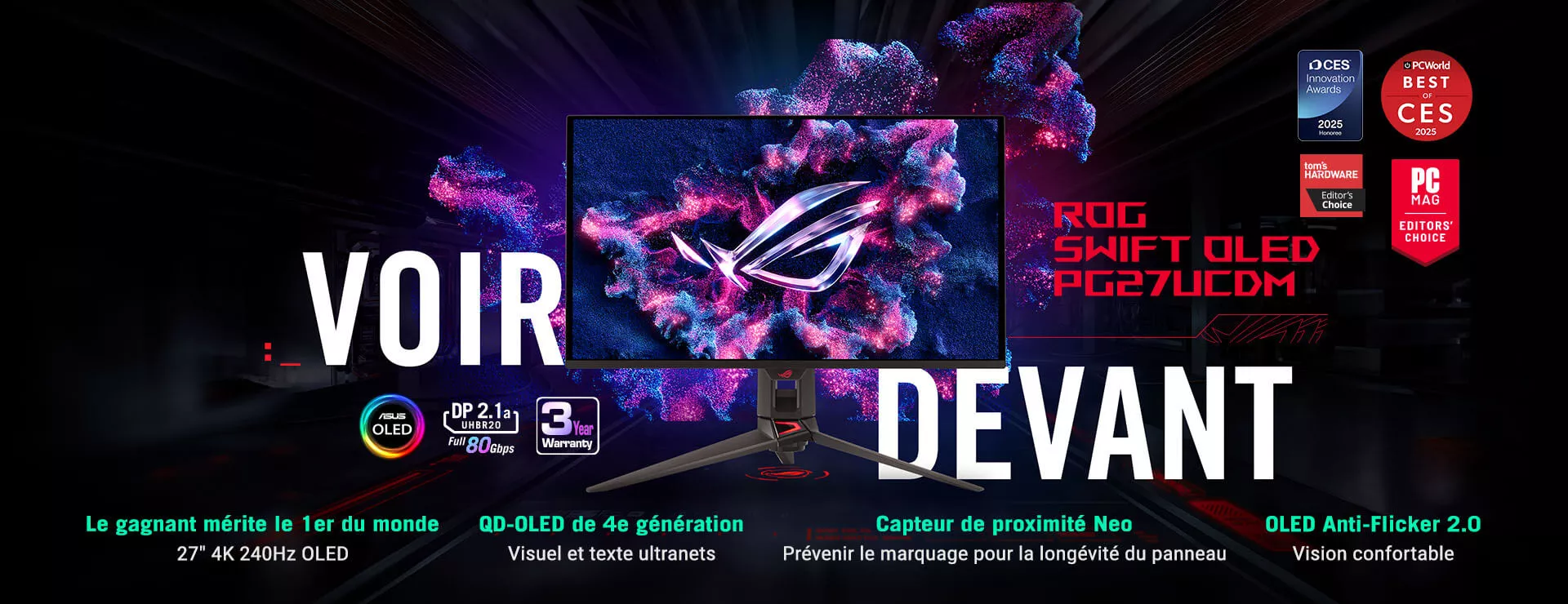 The ROG Swift OLED PG27UCDM monitor displaying vibrant, colorful graphics with the ROG logo at its center. The background features abstract, colorful elements with a tagline "SEE AHEAD" across the screen. At the bottom, there are icons and text indicating features such as "ASUS OLED," "DP 2.1a UHBR20 with full 80Gbps," and "3 Year Warranty."