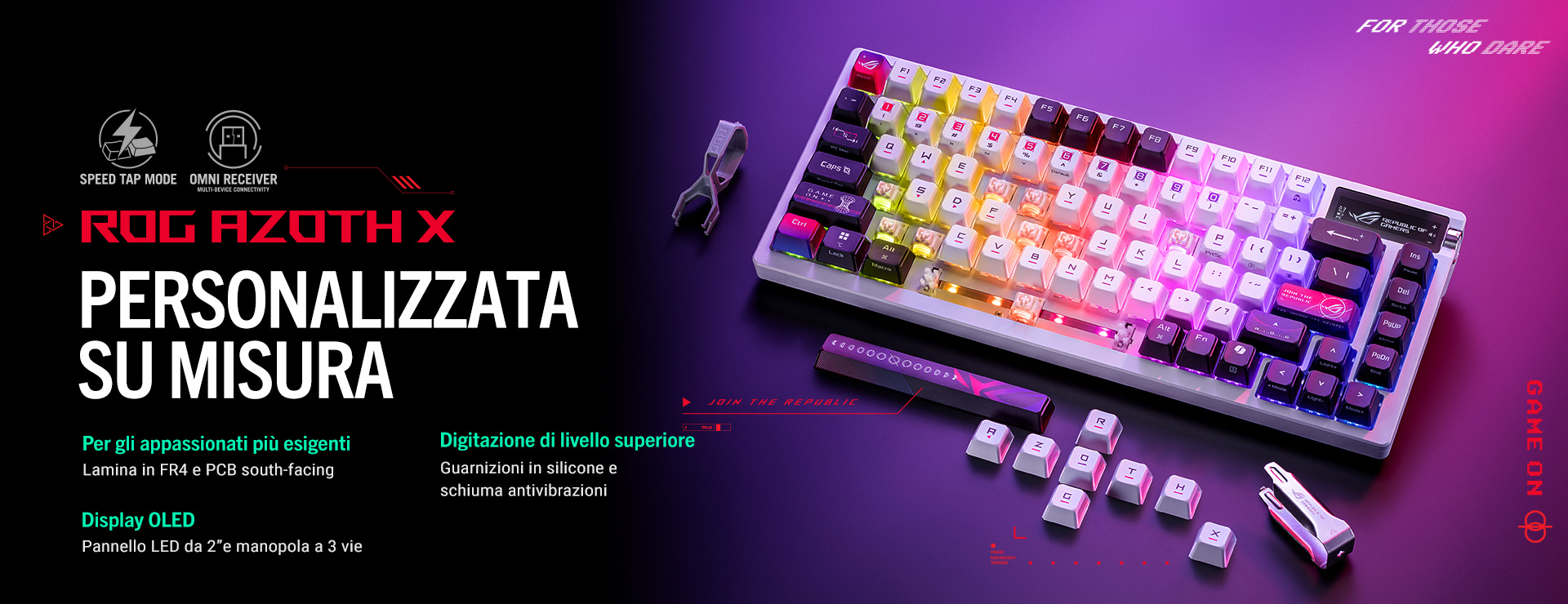 L'immagine mostra una tastiera gaming senza fili personalizzabile con formato 75%, identificata come ROG Azoth X. La tastiera è retroilluminata con luci RGB e circondata da vari componenti
