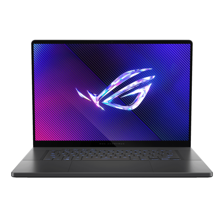 Zephyrus G16 with the with the lid open, with the ROG Fearless Eye logo on screen