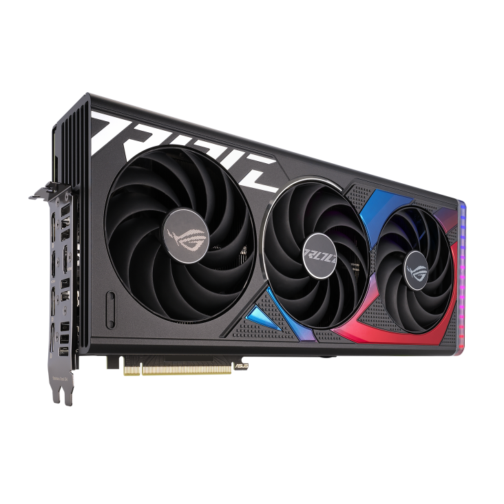 ROG Strix GeForce RTX 4070 SUPER graphics card angled top down view highlighting the fans, ARGB element, IO ports