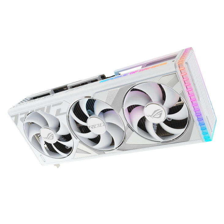 Angled top down view of the ROG Strix GeForce RTX 4080 SUPER white edition graphics card highlighting the fans ARGB element2