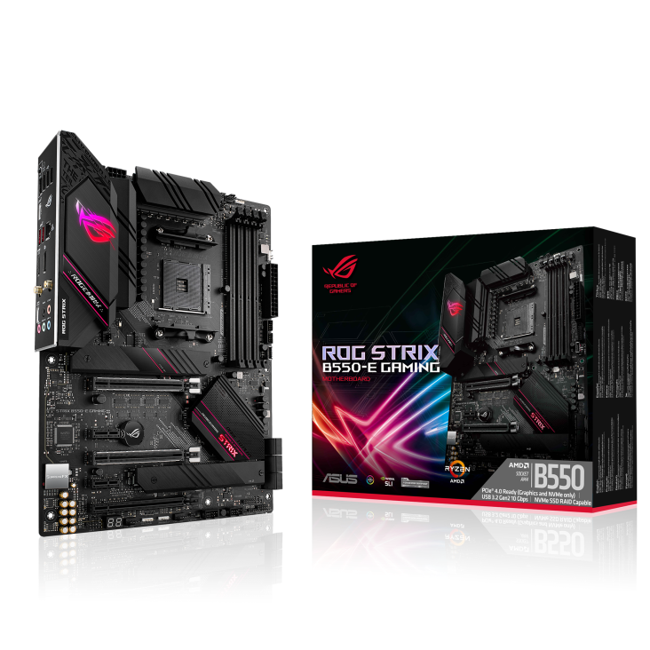 ROG STRIX B550-E GAMING angled view from top with the box