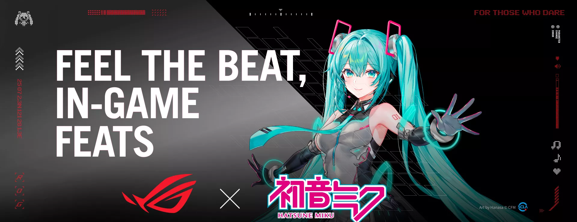 The ROG x Hatsune Miku edition collaboration banner with ROG x Hatsune Miku special edition figure with the black and grey color background