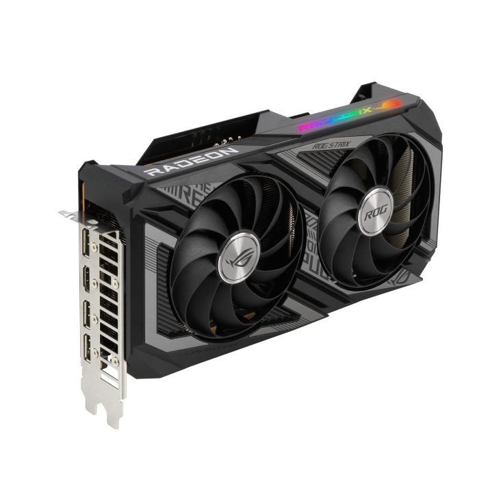 ROG-STRIX-RX6600XT-O8G-GAMING graphics card, angled top down view, highlighting the fans, ARGB element, and I/O ports