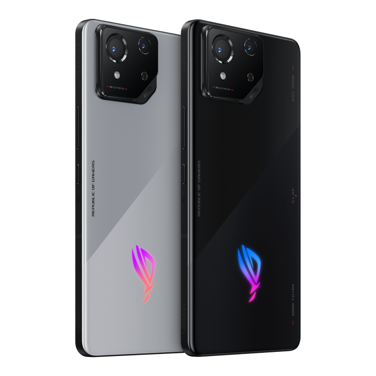 Two ROG Phone 8 in both Phantom Black and Rebel Grey angled view from back, tilting at 45 degrees