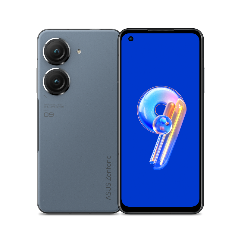 Two starry blue Zenfone 9 angled view from both front and back