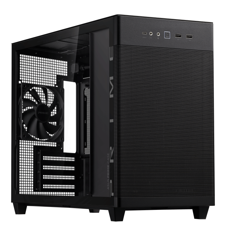 ASUS Prime AP201 Tempered Glass Black case hero shot showing the front and left side
