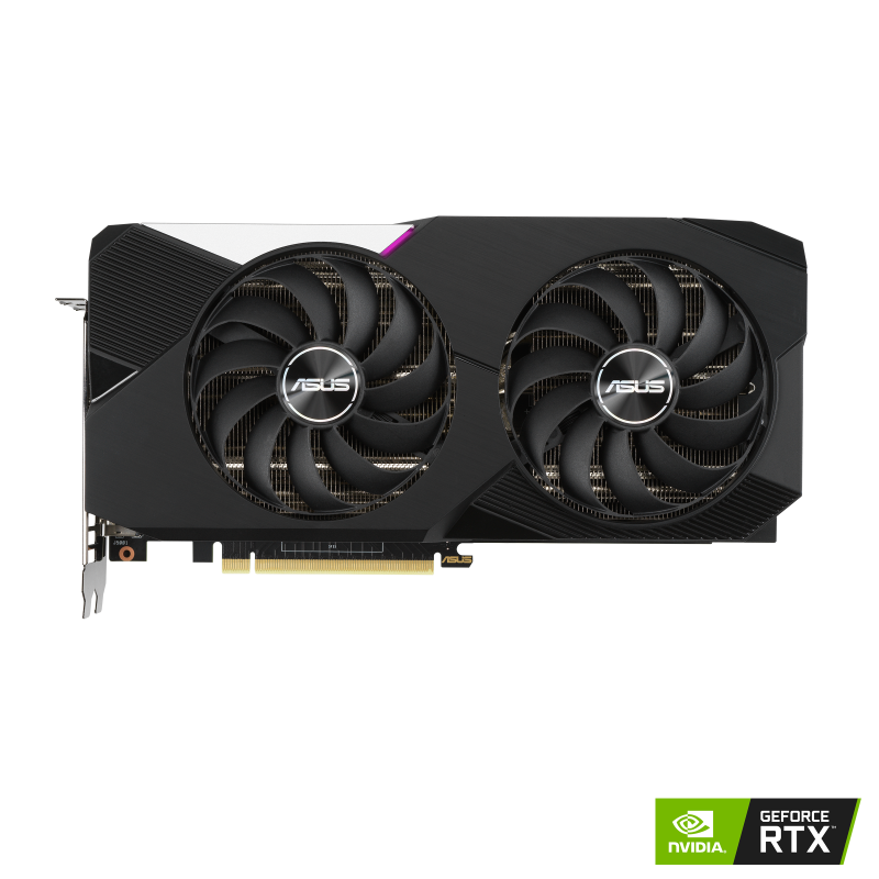 Dual GeForce RTX 3070 V2 OC edition graphics card with NVIDIA logo, front view 