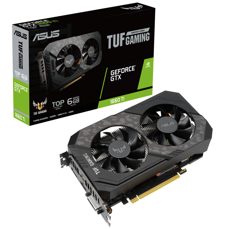 TUF Gaming GeForce GTX 1660 Ti EVO TOP Edition 6GB GDDR6 Packaging and graphics card