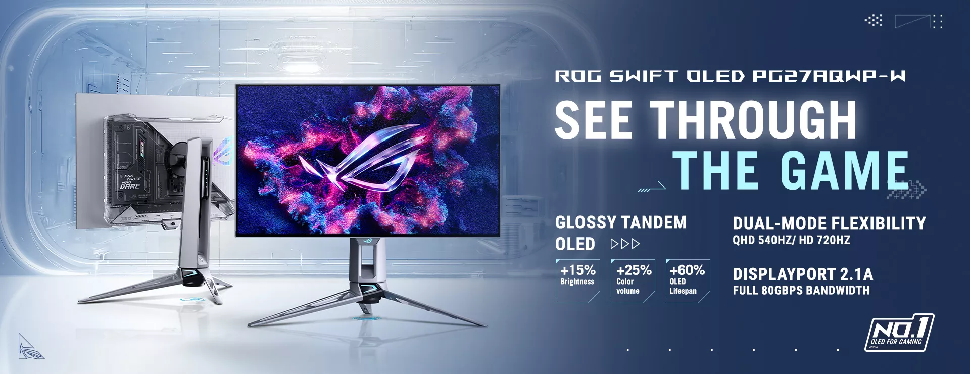 Front and back view of ROG Swift OLED PG27AQWP-W monitor with vivid ROG logo on screen, set against a futuristic blue tunnel background, featuring text “See Through the Game” and a “No.1 OLED for Gaming” badge.