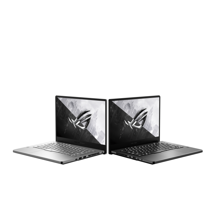Off center front view of a black Zephyrus G14 and a white Zephyrus G14 with the ROG logo on screen.