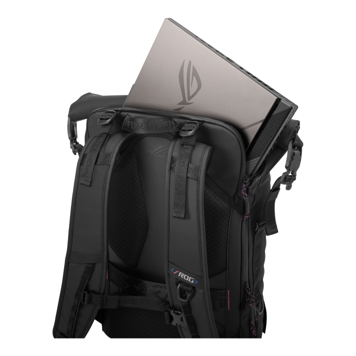 Black backpack with laptop partially inserted