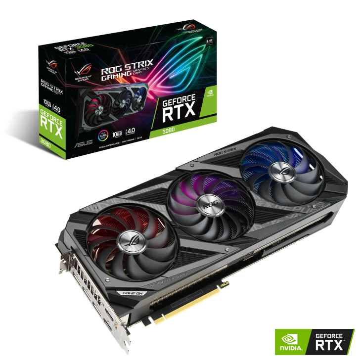 ROG-STRIX-RTX3080-10G-V2-GAMING graphics card and packaging with NVIDIA logo