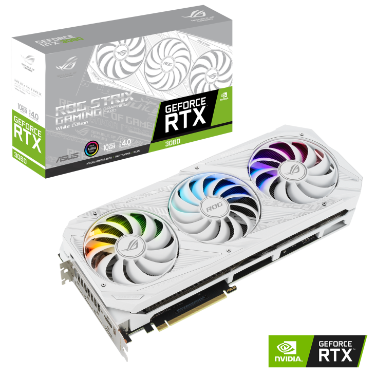 ROG-STRIX-RTX3080-10G-WHITE graphics card, front view with NVIDIA logo