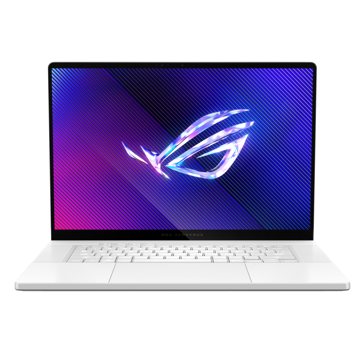 Zephyrus G16 with the with the lid open, with the ROG Fearless Eye logo on screen