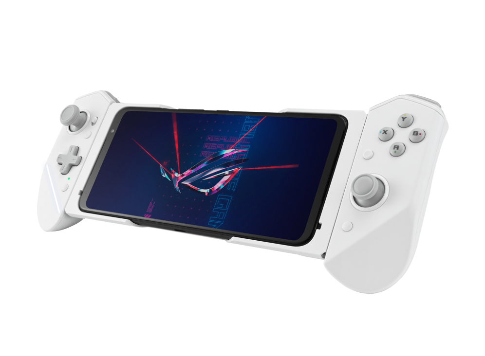 ROG Kunai 3 Gamepad Moonlight White with a ROG Phone 6 Pro angled view from front in Handheld Mode