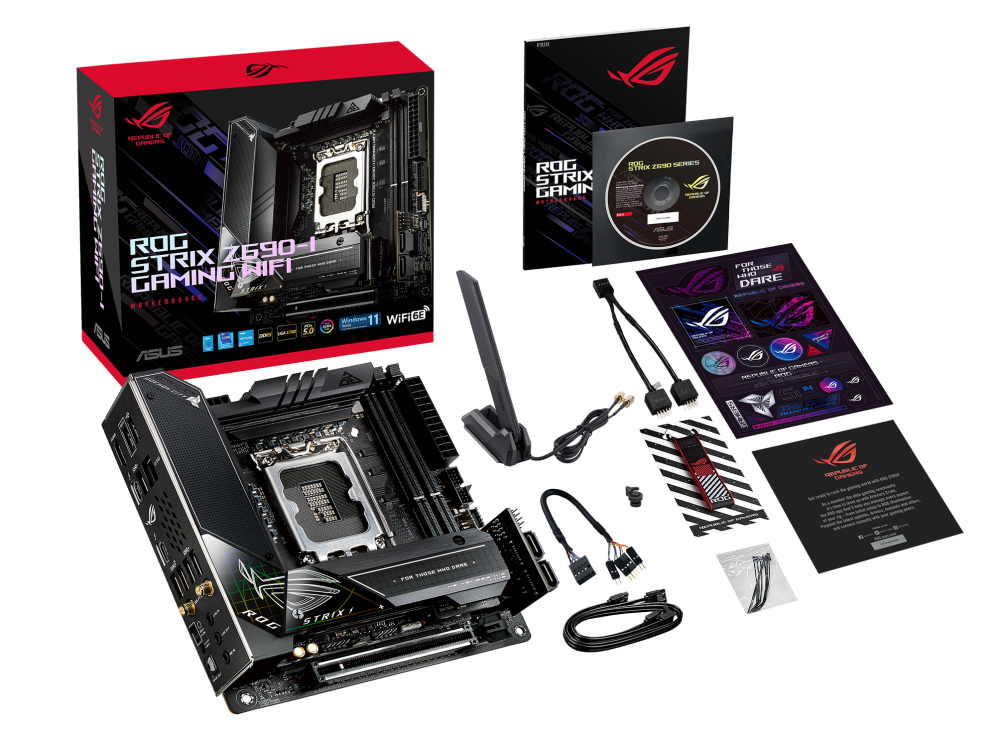 ROG STRIX Z690-I GAMING WIFI top view with what’s inside the box