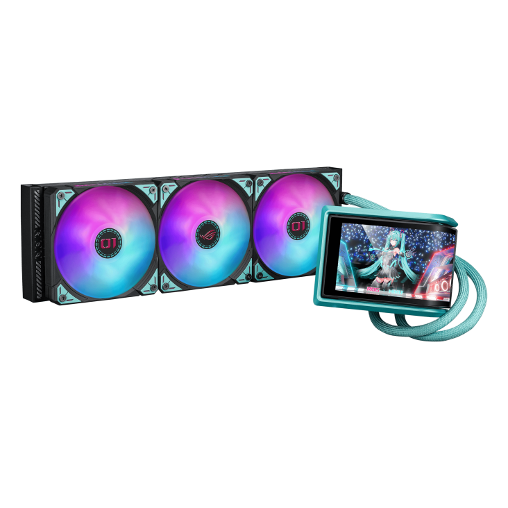 ROG Ryuo IV 360 ARGB Miku Edition liquid cooler with triple ARGB fans and LCD display featuring Hatsune Miku artwork