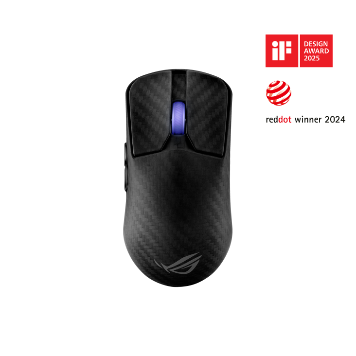 Top view of the ROG Harpe Ace Extreme carbon fiber mouse with the 2024 if award logo & the 2024 reddot award logo placed next to it