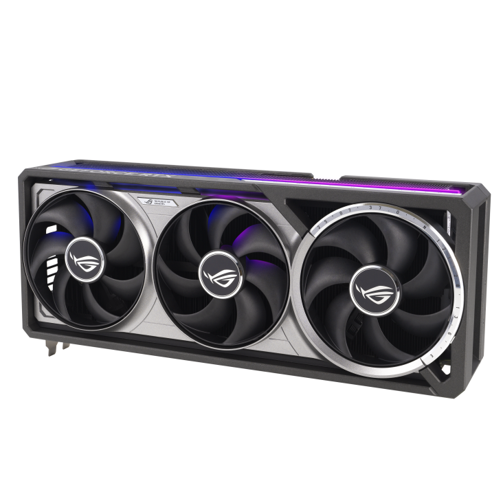 ROG Astral GeForce RTX™ 5090 32GB GDDR7_angled top down view focous on fans1+lighting