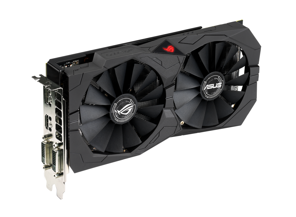 ROG-STRIX-RX570-O4G-GAMING graphics card, angled top down view, highlighting the fans, ARGB element, and I/O ports