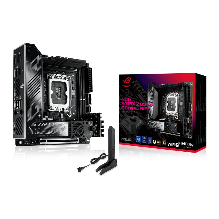 ROG STRIX Z890-I GAMING WIFI front view, 45 degrees, viewed from left, with WiFi antenna and color box