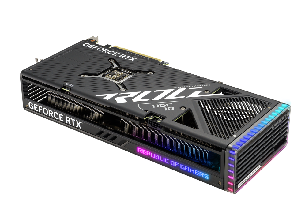 ROG Strix GeForce RTX 4070TI SUPER graphics card, rear angled view