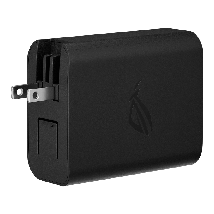 A black multi-port USB charger with two prongs for plugging into an outlet and the ROG logo on the side