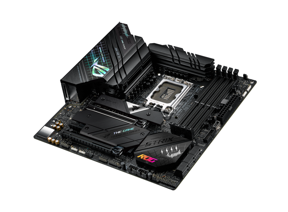 ROG STRIX Z690-G GAMING WIFI top and angled view from right