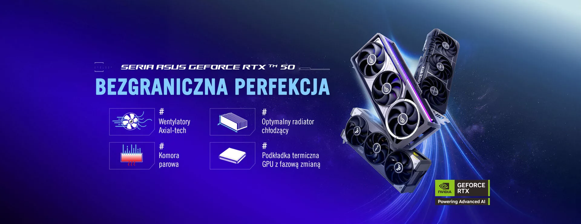 ROG Astral, TUF Gaming, Prime GeForce RTX 50 graphics card fly upward