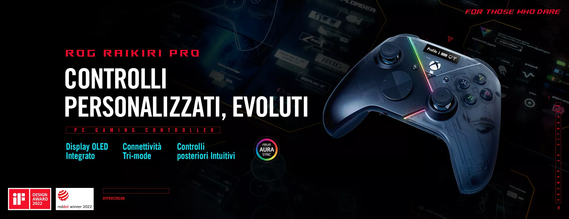 L'immagine mostra il controller gaming per PC ROG Raikiri Pro. Nella parte superiore è dotato di display OLED integrato, connettività a tripla modalità e comandi posteriori intuitivi e personalizzabili