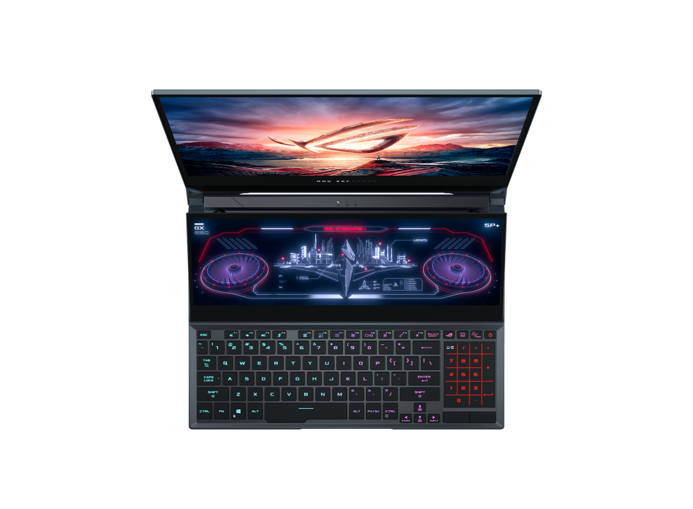 Top down view of the ROG Zephyrus Duo 15 with the ROG logo on screen.