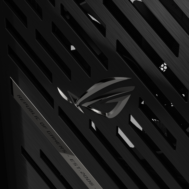 ROG Strix Helios II Black focus shot of front panel and 3D Embossed Emblem ROG logo