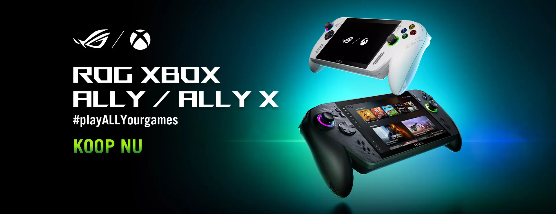 A white ROG Xbox Ally and a black Xbox Ally X
