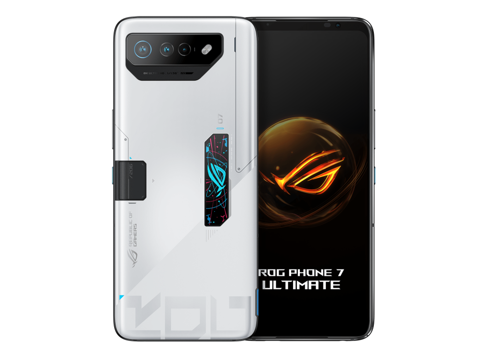Two ROG Phone 7 Pro angled view from both front and back