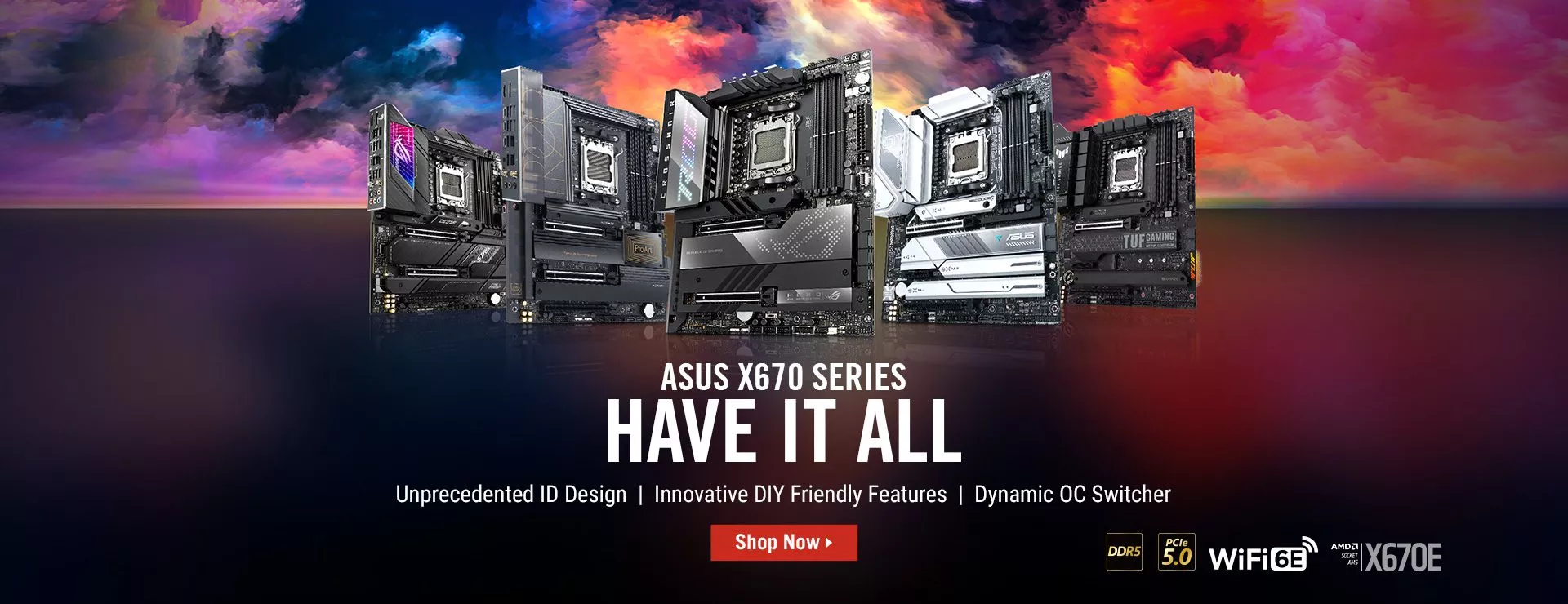 Five ASUS X670 motherboards from ROG Strix, TUF, ProArt and Prime lines float in sunset with DDR5, PCIe 5.0, Wi-Fi 6E logos.
