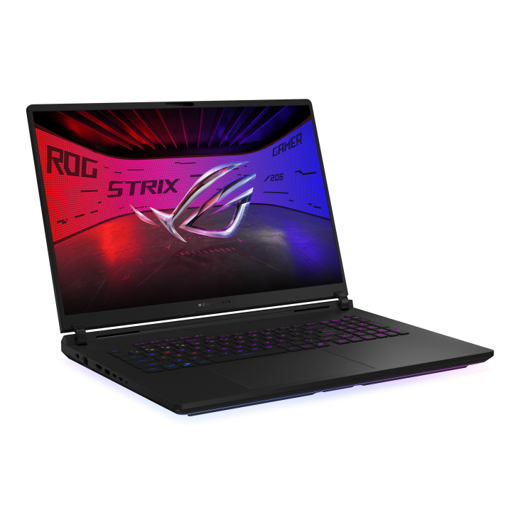 Off center shot of the front of the Strix SCAR 18, with the ROG Fearless Eye logo on screen